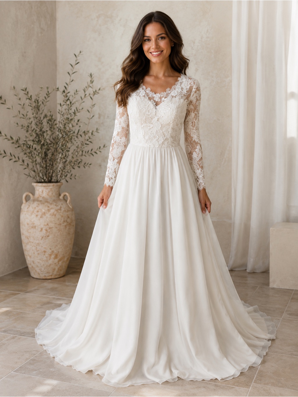 Long Sleeve Lace V-Neck Ivory Wedding Dress